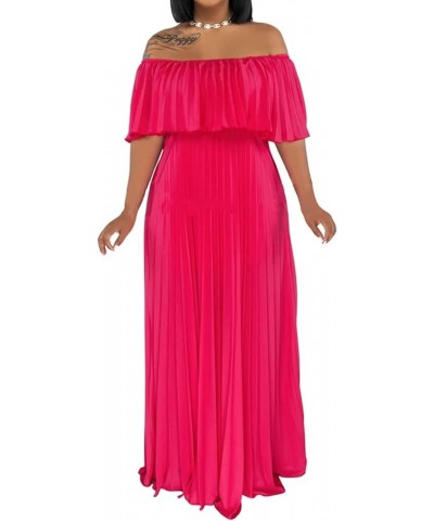 Womens Sexy Chiffon Sundress Off Shoulder Ombre Tie Dye Pleated Skirts Long Boho Beach Maxi Dress Solid Rose Red $18.90 Dresses