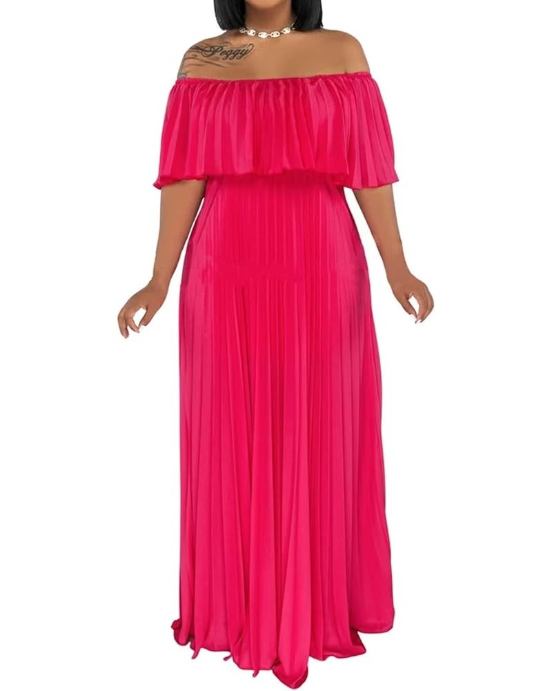 Womens Sexy Chiffon Sundress Off Shoulder Ombre Tie Dye Pleated Skirts Long Boho Beach Maxi Dress Solid Rose Red $18.90 Dresses