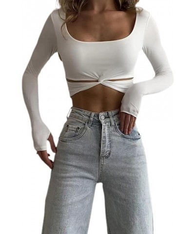 Women Square Neck Knitted Crop Shirt Long Sleeve Low Cut Basic Solid Tee Sexy Cutout Blouse Top Streetwear Twist White $10.99...