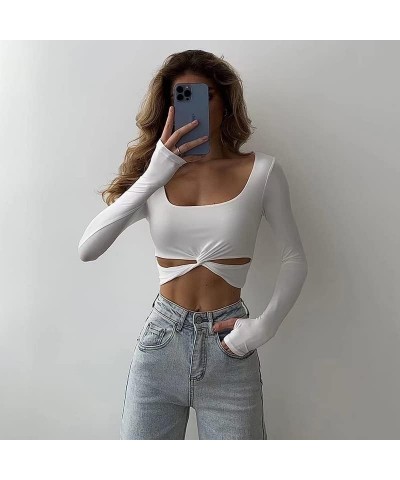 Women Square Neck Knitted Crop Shirt Long Sleeve Low Cut Basic Solid Tee Sexy Cutout Blouse Top Streetwear Twist White $10.99...