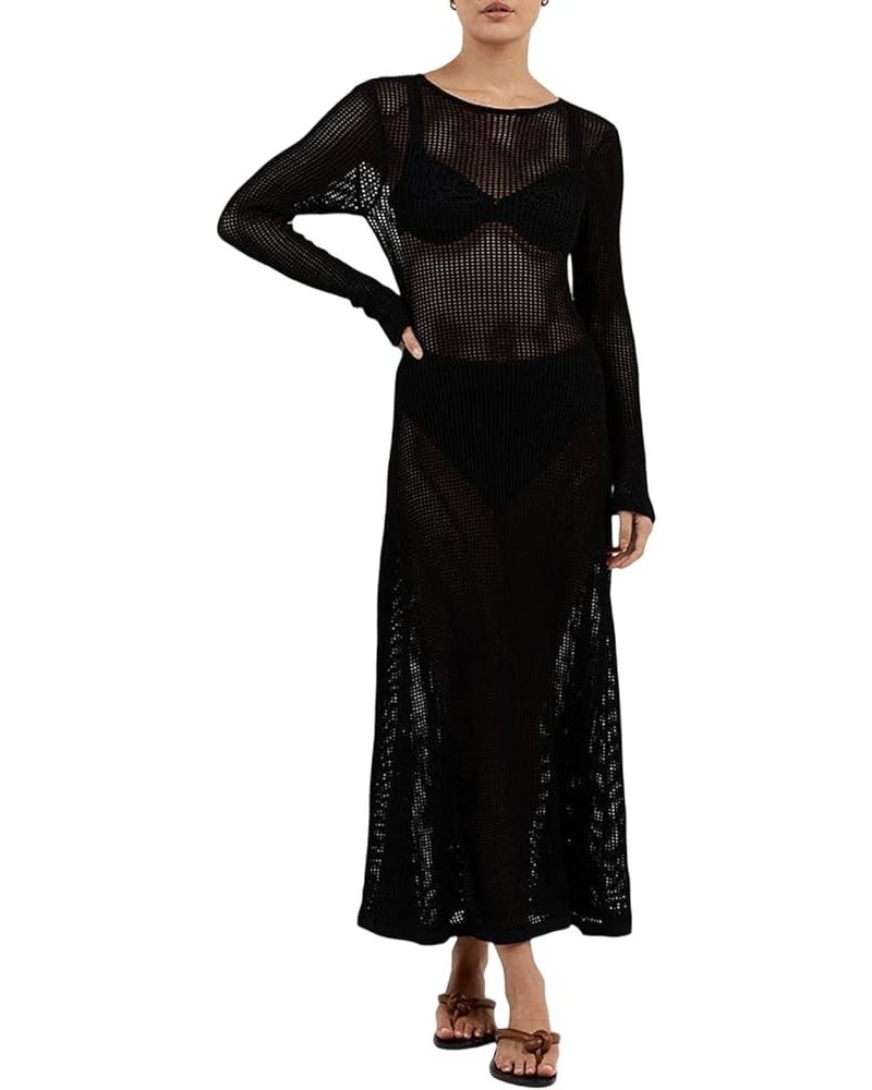 Women Hollow Out Crochet Knit Dress Sheer Lace See Through Swimsuit Bikini Coverups Long Beach Dress 01-black $16.52 Swimsuits