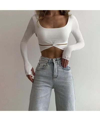 Women Square Neck Knitted Crop Shirt Long Sleeve Low Cut Basic Solid Tee Sexy Cutout Blouse Top Streetwear Twist White $10.99...