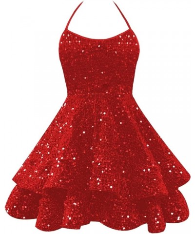 Sparkly Sequin Homecoming Dresses 2024 Spaghetti Straps Tiered Prom Dresses for Teens Short Cocktail Party Gowns Red $50.37 D...