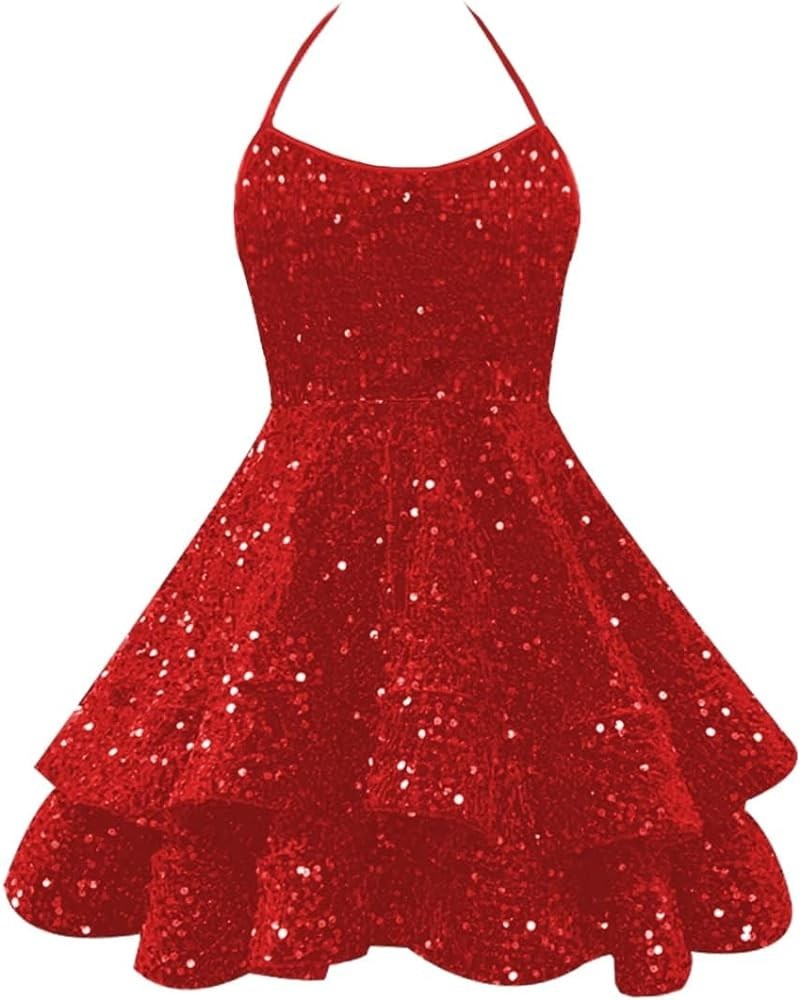 Sparkly Sequin Homecoming Dresses 2024 Spaghetti Straps Tiered Prom Dresses for Teens Short Cocktail Party Gowns Red $50.37 D...