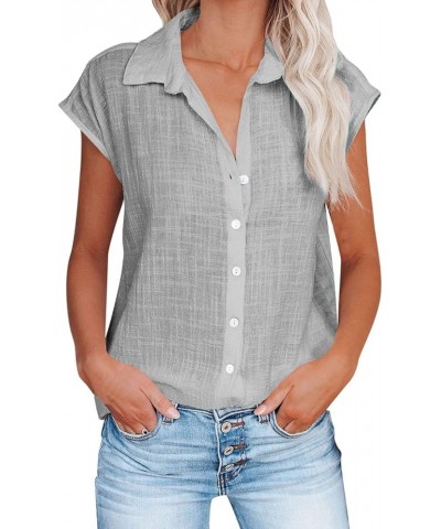 Linen Shirts Summer for Women Casual Button Down Tops Dressy Solid Tshirts Plain Short Sleeve Tees Gray $4.77 Activewear