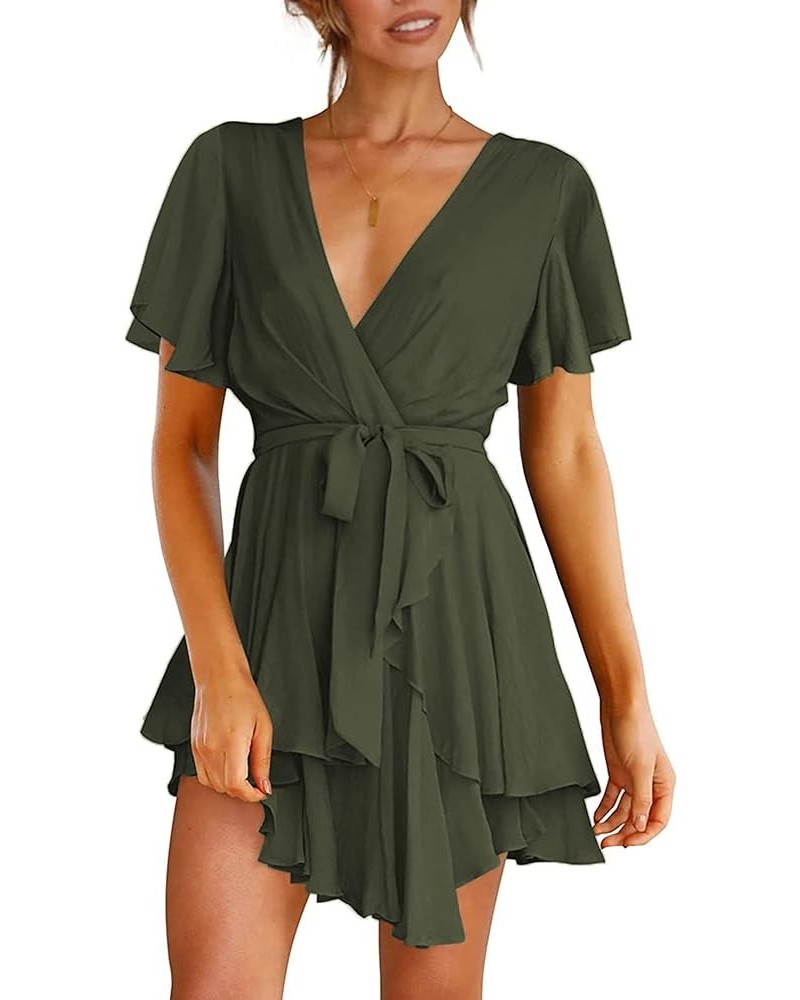 Women's Dress Deep V-Neck Long Sleeve Waist Tie Ruffle Mini Swing Skater Homecoming Dresses Army Green 01 $19.32 Dresses