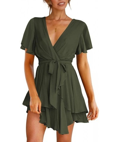 Women's Dress Deep V-Neck Long Sleeve Waist Tie Ruffle Mini Swing Skater Homecoming Dresses Army Green 01 $19.32 Dresses