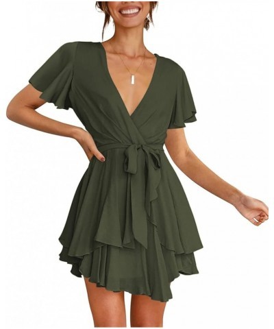 Women's Dress Deep V-Neck Long Sleeve Waist Tie Ruffle Mini Swing Skater Homecoming Dresses Army Green 01 $19.32 Dresses