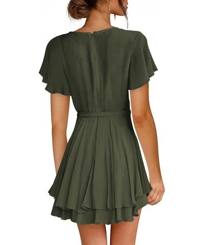 Women's Dress Deep V-Neck Long Sleeve Waist Tie Ruffle Mini Swing Skater Homecoming Dresses Army Green 01 $19.32 Dresses