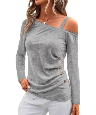 Womens Off The Shoulder Ruched Tops Asymmetrical Neck Long Sleeve Shirts 2024 A Grey Long Sleeve $11.19 T-Shirts