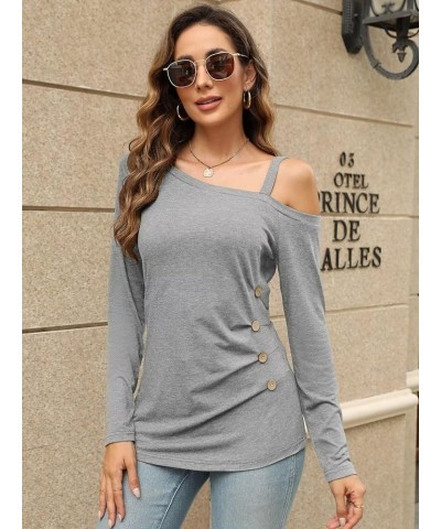 Womens Off The Shoulder Ruched Tops Asymmetrical Neck Long Sleeve Shirts 2024 A Grey Long Sleeve $11.19 T-Shirts