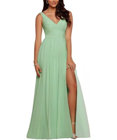 Women's Double V Neck Bridesmaid Dress High Slit Chiffon Maid of Honor Dress for Wedding Grass Green $35.62 Dresses