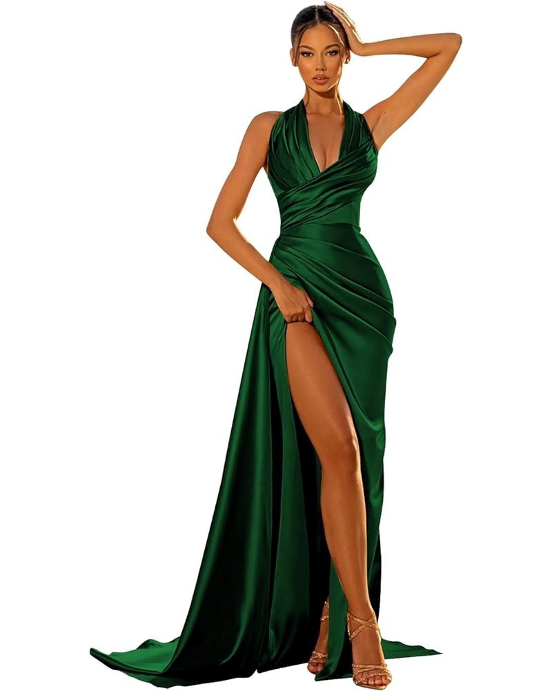 Women's Satin Mermaid Prom Dresses with Slit Halter Long Corset Formal Dresses Ruched Evening Gown Emerald Green $31.85 Dresses