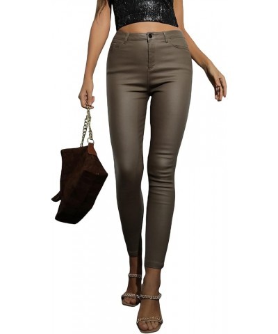 Women's High Waist PU Leather Pants Tights Leggings Pants Khaki $8.40 Leggings