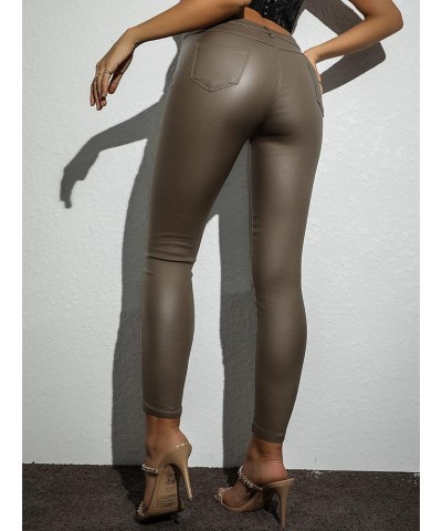 Women's High Waist PU Leather Pants Tights Leggings Pants Khaki $8.40 Leggings