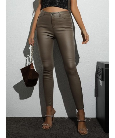 Women's High Waist PU Leather Pants Tights Leggings Pants Khaki $8.40 Leggings