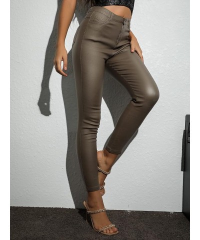 Women's High Waist PU Leather Pants Tights Leggings Pants Khaki $8.40 Leggings