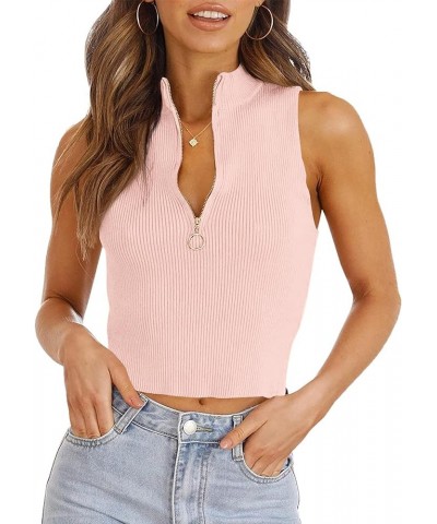 Womens Sweater Vest Knit Tank Tops Crop Ribbed Zipper Sleeveless Shirt Tops Pink $8.50 Sweaters