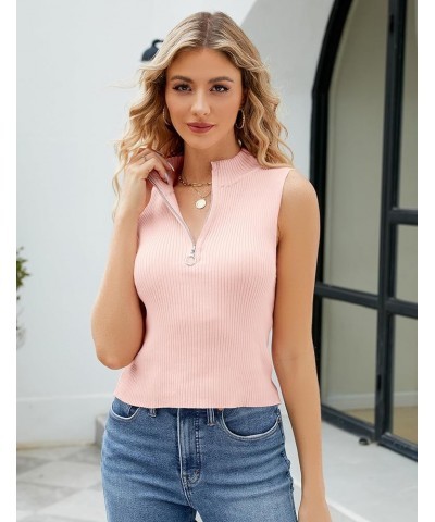 Womens Sweater Vest Knit Tank Tops Crop Ribbed Zipper Sleeveless Shirt Tops Pink $8.50 Sweaters