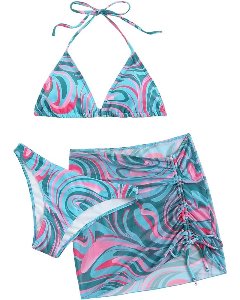 Women's 3packs Allover Print Bikini Set and Drawstring Side Cover Up Skirt Pink and Blue $13.12 Swimsuits