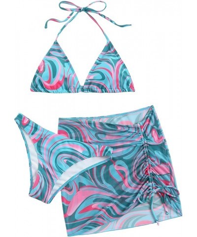 Women's 3packs Allover Print Bikini Set and Drawstring Side Cover Up Skirt Pink and Blue $13.12 Swimsuits