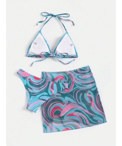 Women's 3packs Allover Print Bikini Set and Drawstring Side Cover Up Skirt Pink and Blue $13.12 Swimsuits