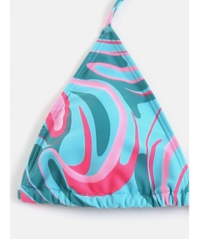 Women's 3packs Allover Print Bikini Set and Drawstring Side Cover Up Skirt Pink and Blue $13.12 Swimsuits