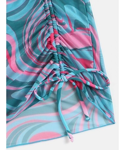 Women's 3packs Allover Print Bikini Set and Drawstring Side Cover Up Skirt Pink and Blue $13.12 Swimsuits