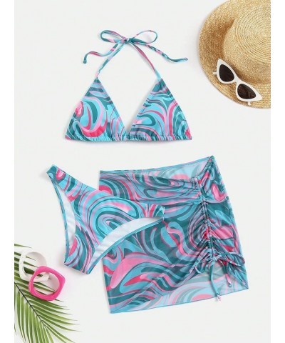 Women's 3packs Allover Print Bikini Set and Drawstring Side Cover Up Skirt Pink and Blue $13.12 Swimsuits