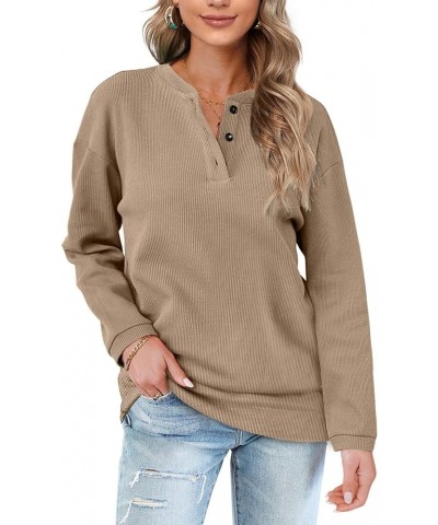 Womens Casual Sweatshirts Henley Button Up Long Sleeve Tunic Tops 09-khaki $17.64 Hoodies & Sweatshirts