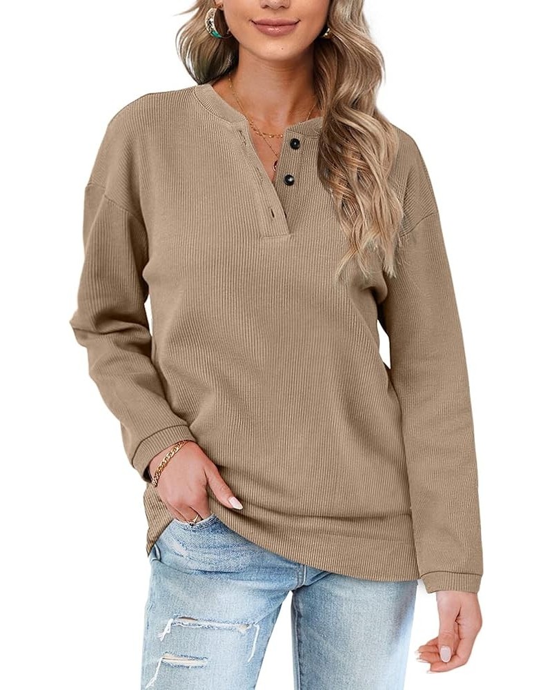 Womens Casual Sweatshirts Henley Button Up Long Sleeve Tunic Tops 09-khaki $17.64 Hoodies & Sweatshirts