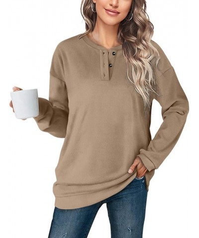 Womens Casual Sweatshirts Henley Button Up Long Sleeve Tunic Tops 09-khaki $17.64 Hoodies & Sweatshirts