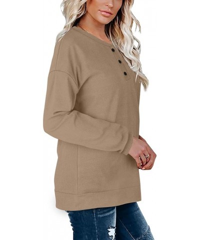 Womens Casual Sweatshirts Henley Button Up Long Sleeve Tunic Tops 09-khaki $17.64 Hoodies & Sweatshirts