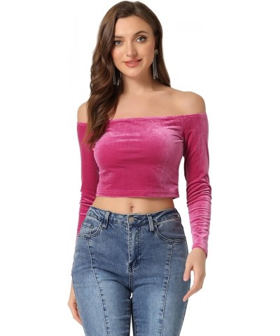 Women's Velvet Top Off Shoulder Casual Solid Blouse Long Sleeve Crop Top Hot Pink $15.30 Blouses