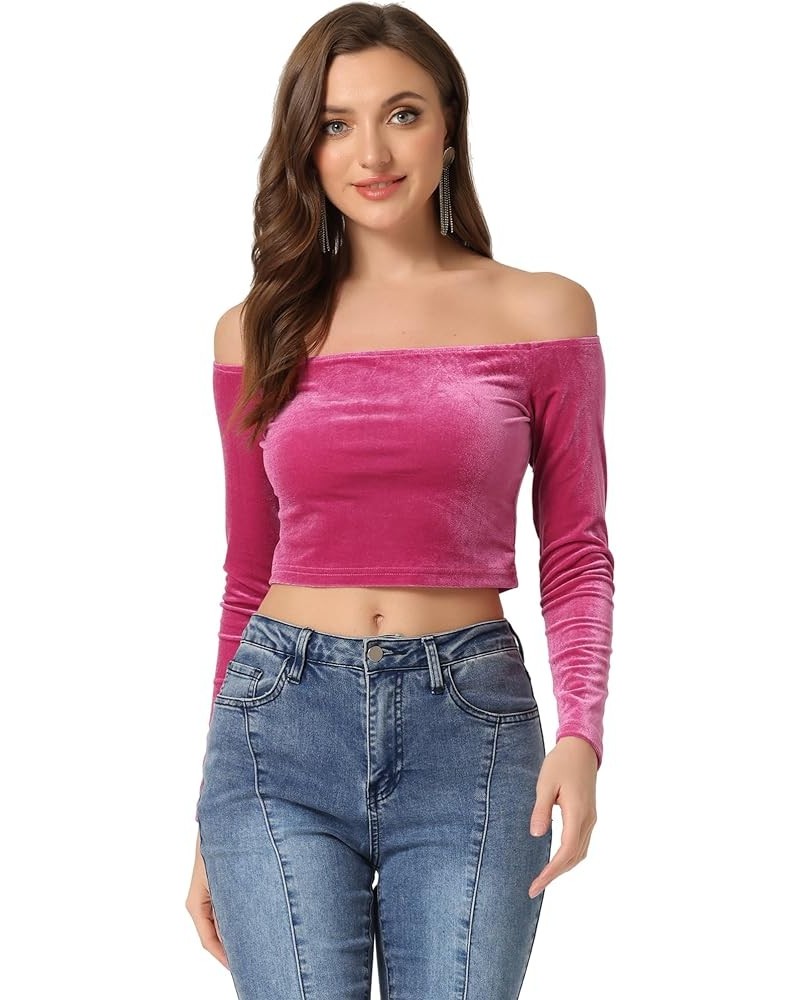 Women's Velvet Top Off Shoulder Casual Solid Blouse Long Sleeve Crop Top Hot Pink $15.30 Blouses