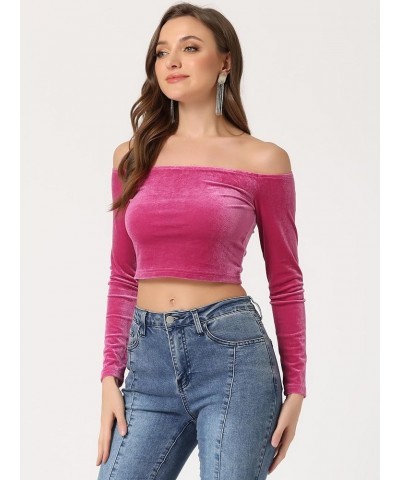 Women's Velvet Top Off Shoulder Casual Solid Blouse Long Sleeve Crop Top Hot Pink $15.30 Blouses