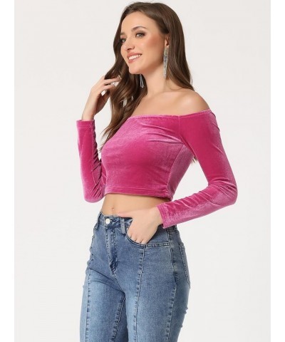 Women's Velvet Top Off Shoulder Casual Solid Blouse Long Sleeve Crop Top Hot Pink $15.30 Blouses