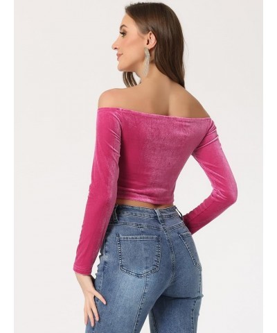 Women's Velvet Top Off Shoulder Casual Solid Blouse Long Sleeve Crop Top Hot Pink $15.30 Blouses