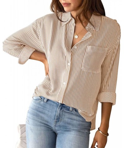 Women Lapel Collar Pinstripe Print Shirt, Casual Long Sleeve Cardigan Blouse with Breast Pocket for Autumn(M-Khaki) $16.83 Bl...