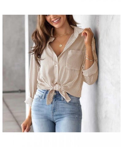 Women Lapel Collar Pinstripe Print Shirt, Casual Long Sleeve Cardigan Blouse with Breast Pocket for Autumn(M-Khaki) $16.83 Bl...