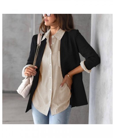 Women Lapel Collar Pinstripe Print Shirt, Casual Long Sleeve Cardigan Blouse with Breast Pocket for Autumn(M-Khaki) $16.83 Bl...