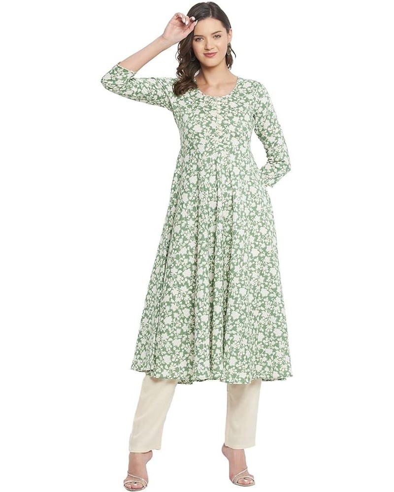 Women's Rayon Green & Beige Floral Printed Flared Kurta Light Green $13.50 Tops