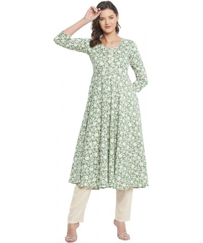 Women's Rayon Green & Beige Floral Printed Flared Kurta Light Green $13.50 Tops