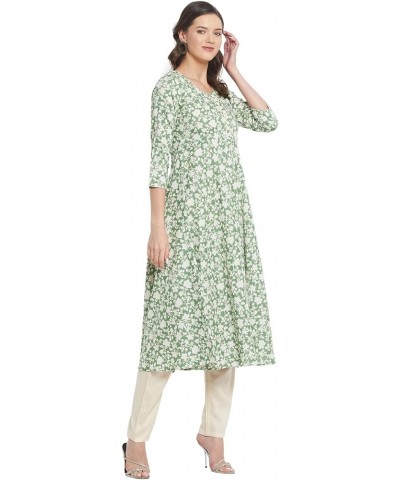 Women's Rayon Green & Beige Floral Printed Flared Kurta Light Green $13.50 Tops