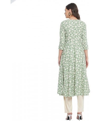 Women's Rayon Green & Beige Floral Printed Flared Kurta Light Green $13.50 Tops