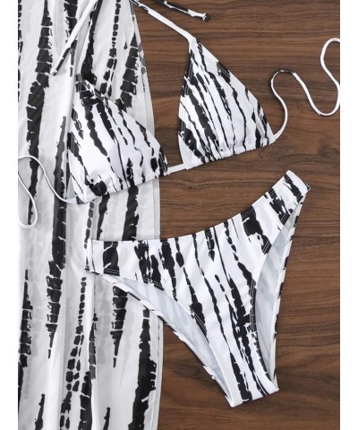 Women's 3 Piece Tie Dye Triangle Swimsuit High Cut Thong Halter Bikini Set with Cover Up Dress Black and White $16.19 Swimsuits