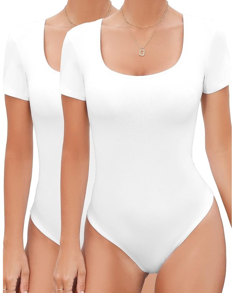 Bodysuit for Women Scoop Neck Sleeveless Soft Comfortable Basic Tank Tops A-short Sleevee White 2 Pack $10.59 Bodysuits