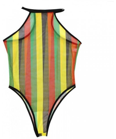 Women Rave Rainbow Striped Push Up Swimsuit Bikini See Through Mesh Bodysuit Beachwear for Dance Festivals Black $14.21 Swims...