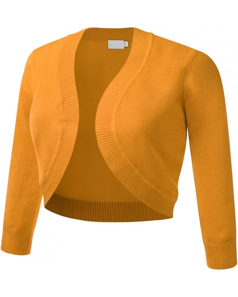 Women's Classic 3/4 Sleeve Bolero Shrug Soft Knit Slim Fit Ribbed Hem Open Front Cropped Cardigan Sweater (S-XL) C005_mustard...