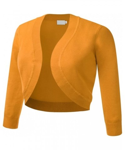 Women's Classic 3/4 Sleeve Bolero Shrug Soft Knit Slim Fit Ribbed Hem Open Front Cropped Cardigan Sweater (S-XL) C005_mustard...